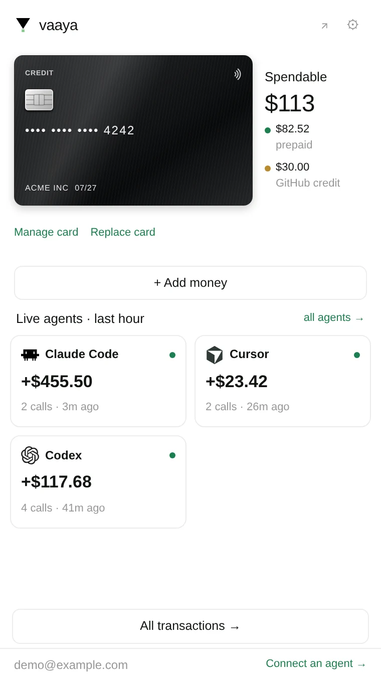 Vaaya Mac app with a black funding card and connected agents
